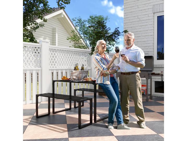 Outsunny Ensemble de jardin pour 4 personnes, 1 table & 2 bancs, en métal, noir