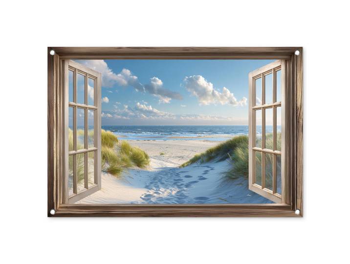 OnlyWow Gartenposter - Aussicht - Strand - Fenster - Dünen - Meer - 90x60 cm, Hellblau, Kunststoff, Rechteckig, 90x60x0.2 cm, Bilder & Rahmen, Bilder, Wandbilder