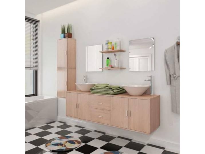 9-tlg. Badmöbel Set mit 2 Waschbecken, Beige, Wandschrank, Spiegel, Regal Komplettset, Holzwerkstoff, Keramik, Beige, mit Ablassschrauben, ohne Armaturen, flexible Montage