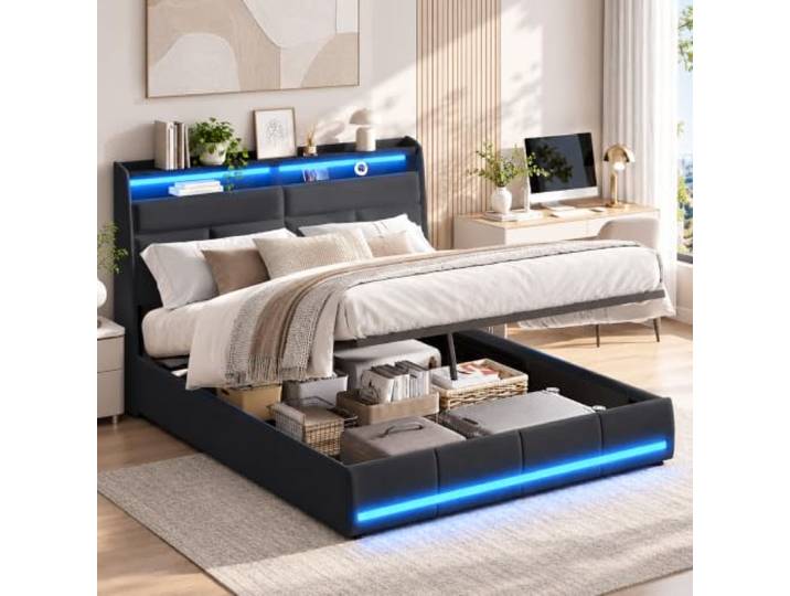 JiaOyu Polsterbett 160x200 mit Stauraum, Doppelbett mit LED-Beleuchtung, Hydraulisches Boxspringbett Funktionsbett Stauraumbett mit Lattenrost, ohne Matratze (Schwarz-PU, 160X200CM)