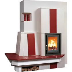 Kachelofen 5/110.0 7 kW - quarz-weiß/deco-rot - Premio - Bank links