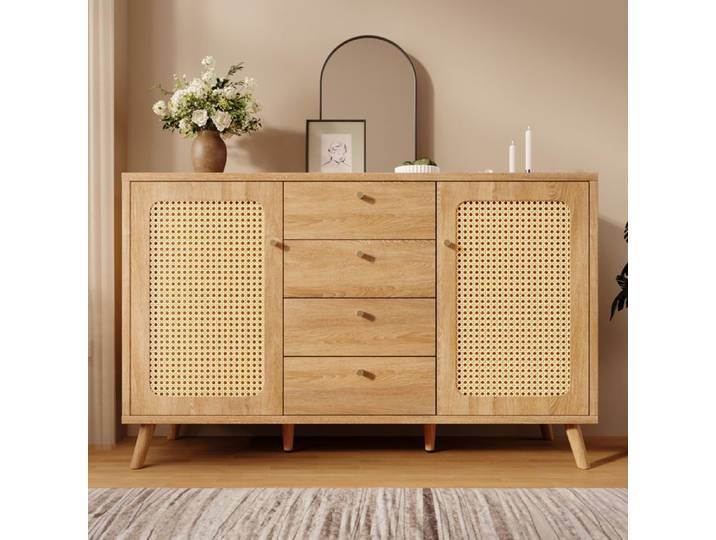 Buffet bahut - Buffet de salon avec 4 Tiroirs 2 portes en rotin - Étagères Réglables - Buffet Bahut - 140x40x86 cm - chêne clair