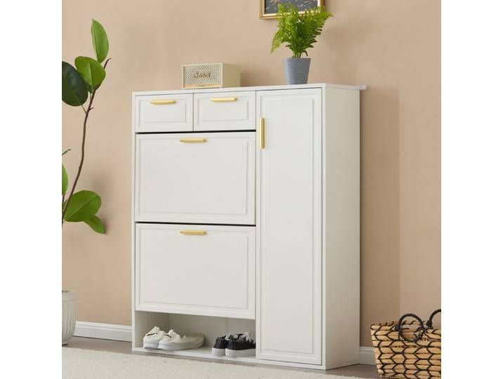 Armoire à chaussures moderne avec étagères réglables poignées dorées tiroirs armoire à chaussures pliante et porte blanc b95