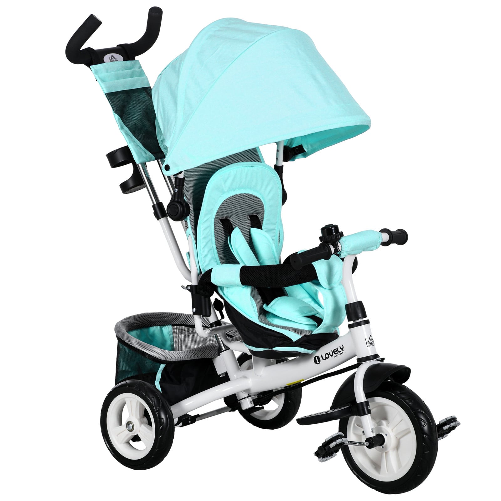 HOMCOM 6-in-1 Kinder Driewieler met Loopfiets, Achtermand, Zonnedak en Veiligheidsgordel - Groen - B/D/H: 102 x 49 x 102 cm