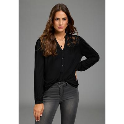 Spitzenshirt LAURA SCOTT, Damen, Gr. 40/42, schwarz, Jersey, Obermaterial: 95% Viskose, 5% Elasthan. Besatz: 85% Baumwolle, 15% Polyester. Spitze: 100% Polyester, unifarben, figurumspielend hüftlang, V-Ausschnitt, Puffärmel 1-Knopf-Manschette,...
