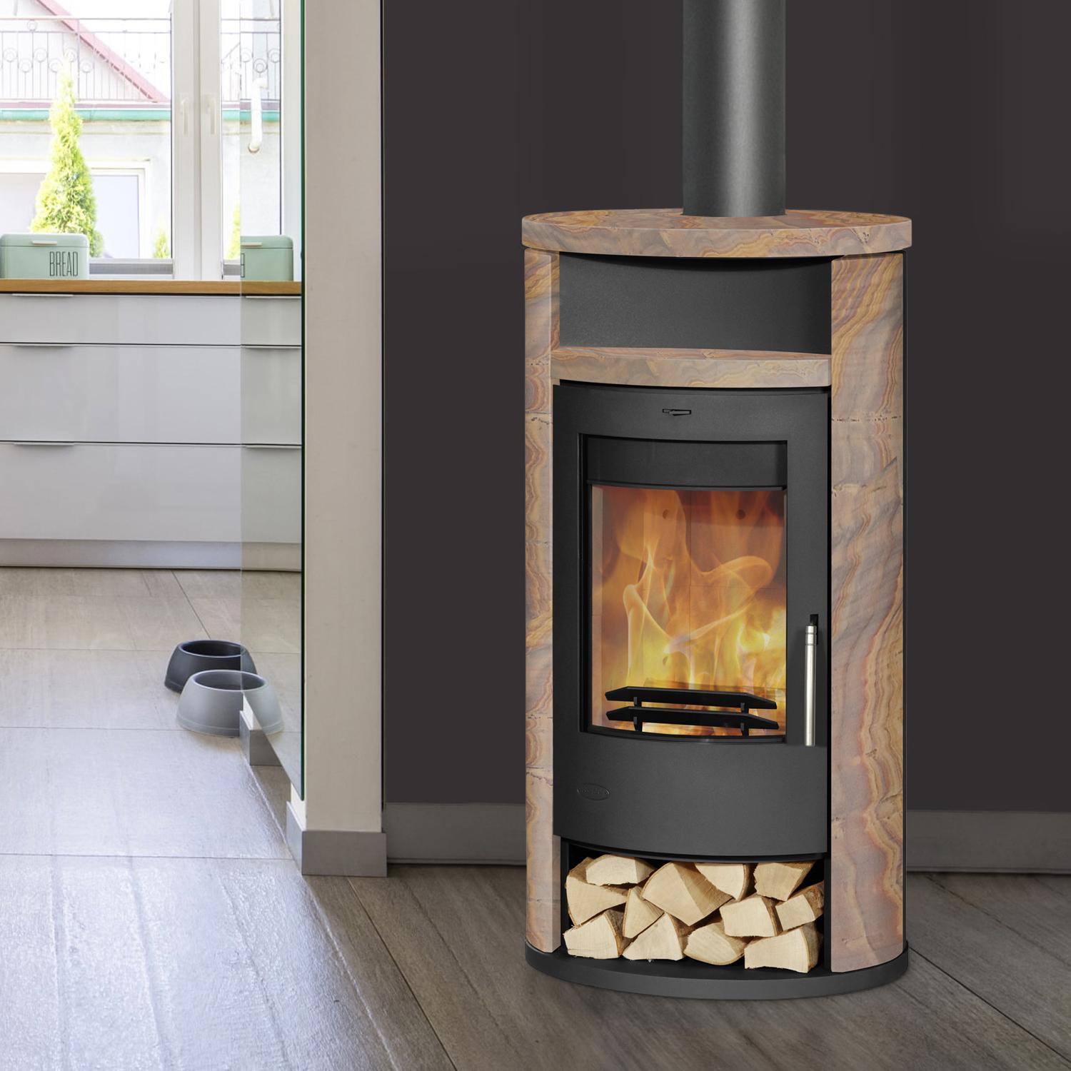 Fireplace Alicante, Freistehende Feuerstelle, Geschlossen, Brennholz, Pellet, Schwarz, Drinnen, Rund