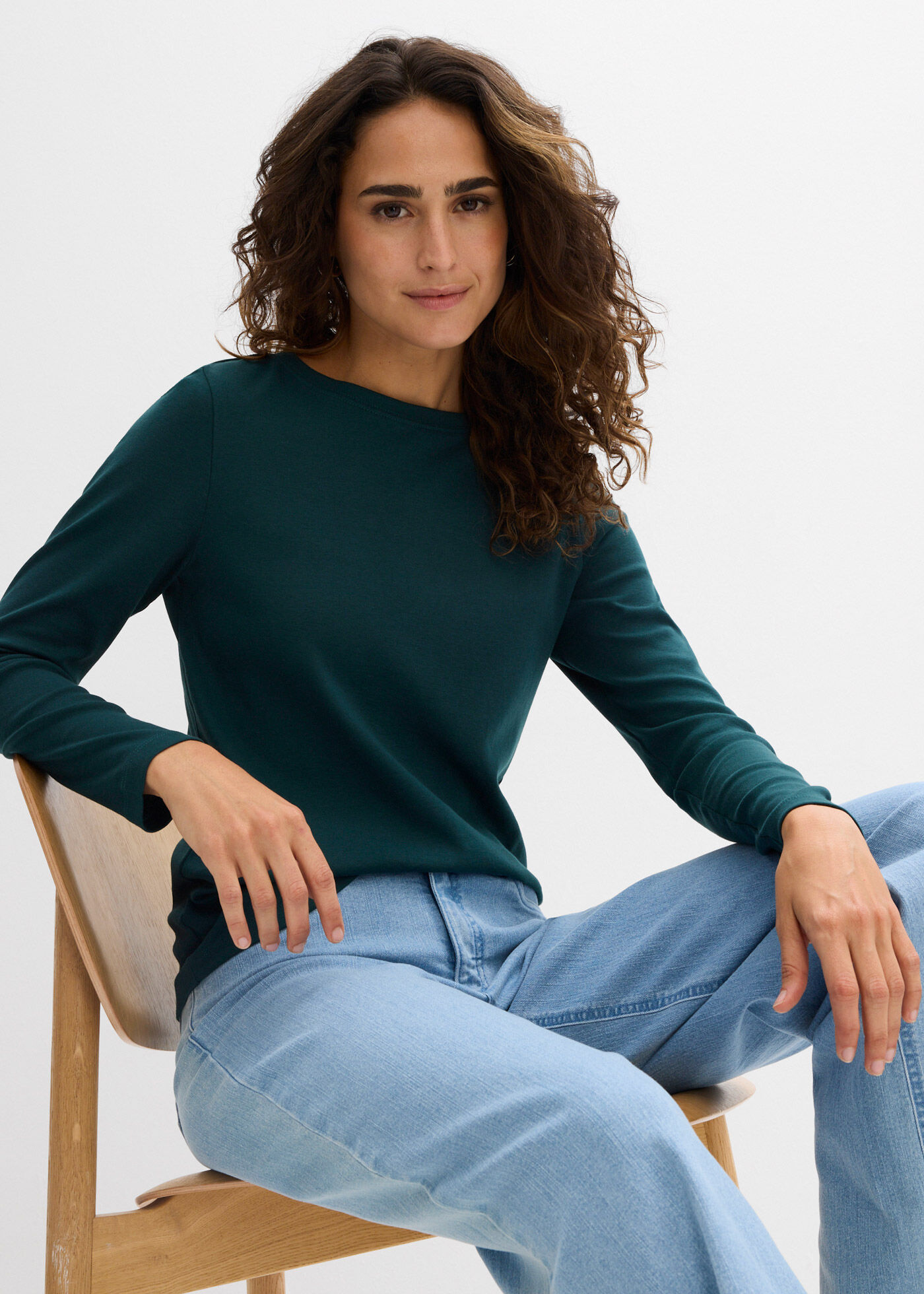Langarmshirt BONPRIX, Damen, Gr. 56/58 (XXXL), tiefgrün, Jersey, Obermaterial: 100% Baumwolle, unifarben, figurumspielend hüftbedeckend, Rundhals, Shirts Langarmshirt, eng anliegende Passform, lange Ärmel, Basic-Shirt tiefgrün 56/58 (XXXL)
