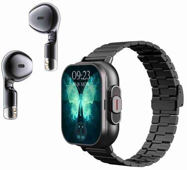 CaseAndConnect D8 Bluetooth Smart Watch With Earbuds NFC Health Monitoring Fitness Tracker Steel Band black