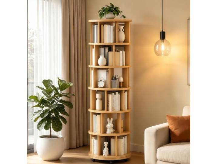 BOCXYTX 360° Drehbares Bücherregal 6-Etagen Drehregal Aus Massivholz Ecke ständer Bücherschrank - Aufbewahrungsregal Organisator Platzsparendes Für Wohnzimmer - Büro - Schlafzimmer