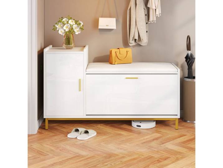 Meuble à chaussures banc à chaussures 100 x 38 x 68 cm avec assise rembourrée rangement caché blanc et or JOINERY
