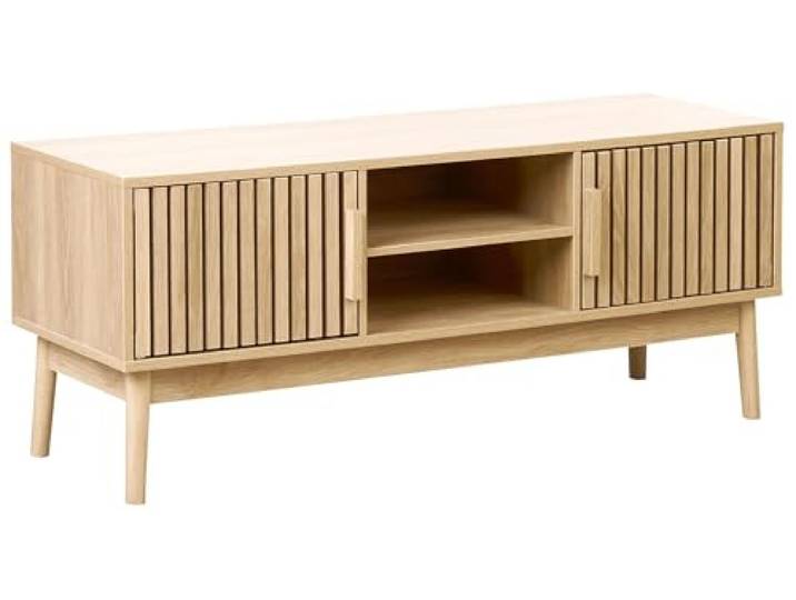 Beliani TV-Möbel Braun Faserplatte 2 Türen Heller Holzfarbton Holzwerkstoff, 2 Einlegeböden, Mediterran, Papierfurnier, 117 x 40 x 48 cm