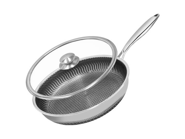 Poêle à frire antiadhésive Poêle à frire en acier inoxydable 316 avec couvercle Poêles de poêle de chef non toxiques compatibles avec toutes les plaques de cuisson