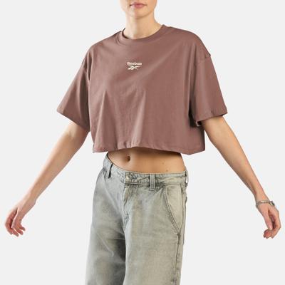 T-Shirt REEBOK "ID CROPPED BOX FIT T-SHIRT", Damen, Gr. S, braun (light cocoa), Obermaterial: 100% Baumwolle, normal, Rundhals, Shirts T-Shirt, mit Rundhalsausschnitt, sportlicher Stil, T-Shirt-Schnitt