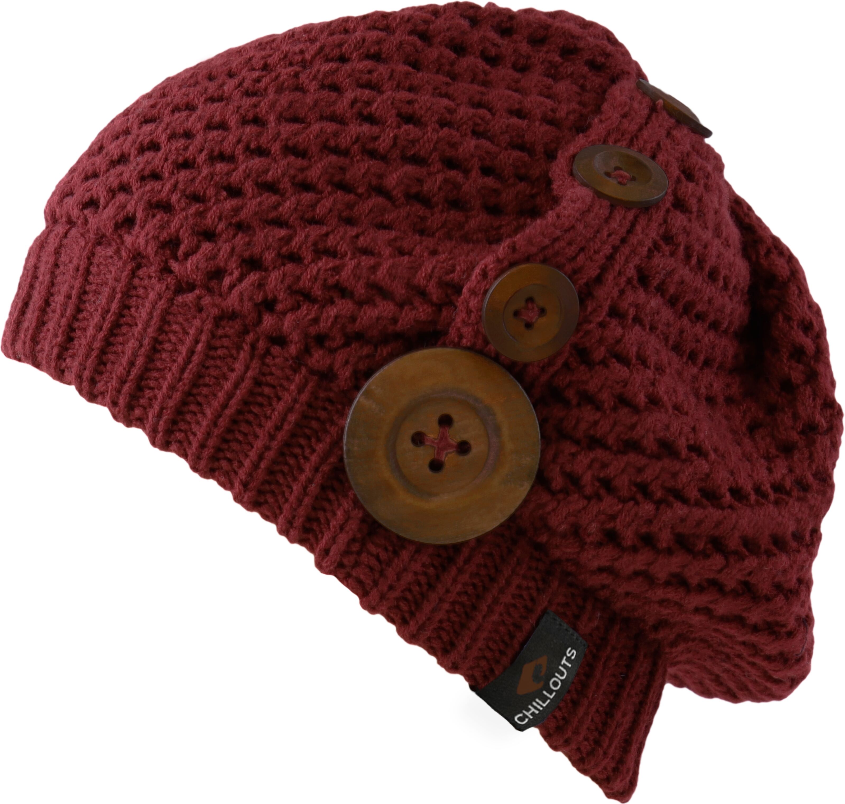 Beanie CHILLOUTS "Nelly Hat", rot (bordeaux), Obermaterial: 100% Polyester, Mützen Beanie, mit modernem Strickmuster und Zierknöpfen bordeaux Einheitsgröße