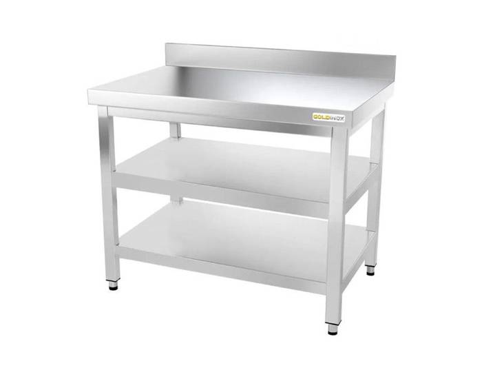 Table de travail en inox 1000 x 700 mm adossée avec 2 étagères PREMIUM - GOLDINOX