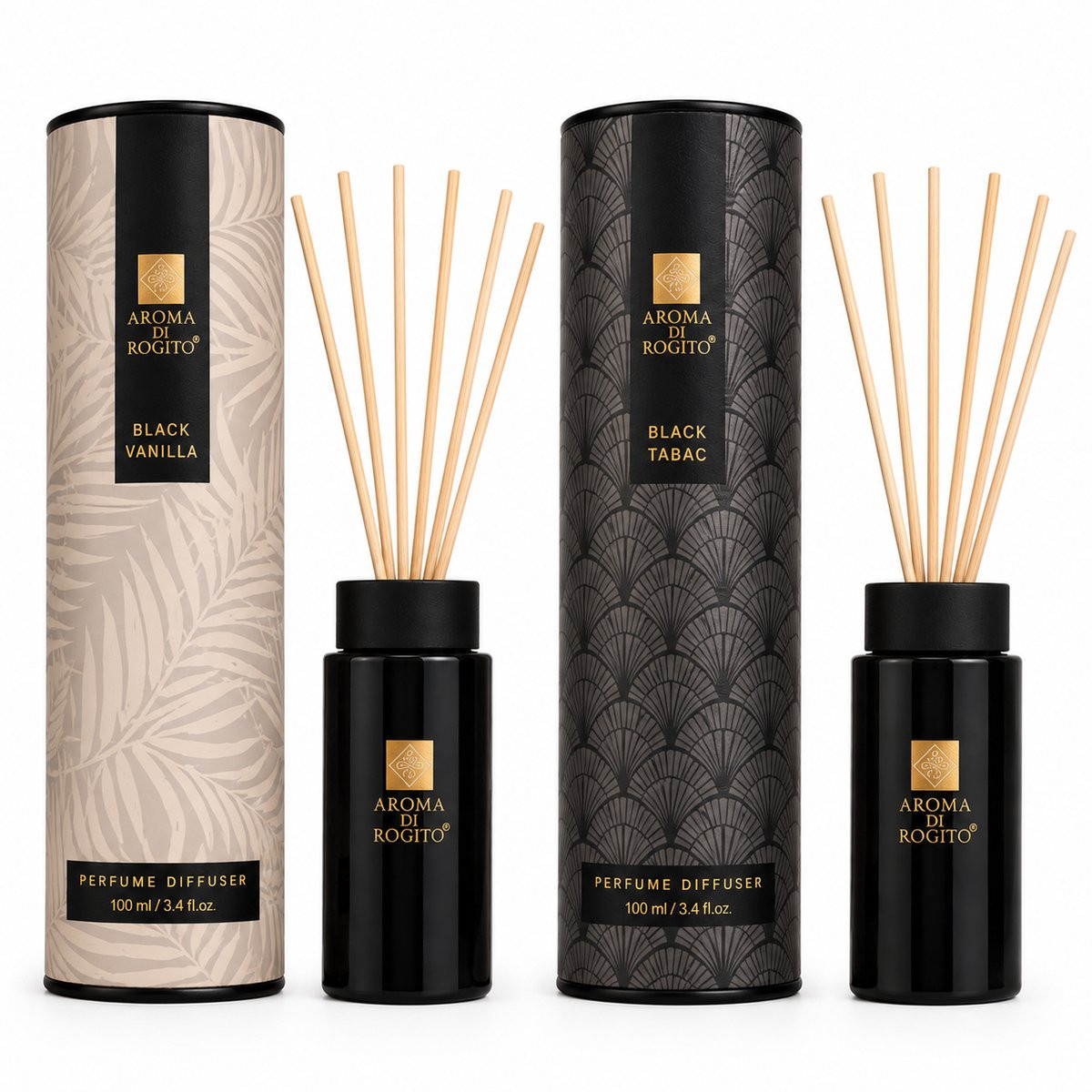 EasyMart Geurstokjes Set Black Vanilla & Black Tabac – Premium Huisparfum met 12 Rotan Stokjes – 2 x 100ml