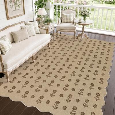 Bluebell Scalloped Floral Easy Jute Area Rug, Washable Non-Slip Indoor Outdoor Farmhouse Carpet