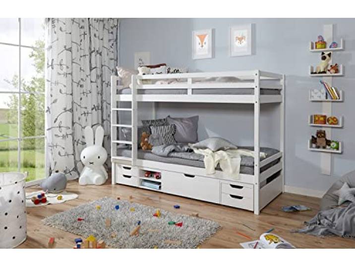 TiCAA Etagenbett Finn Weiß mit 4er Funktionsschubkasten