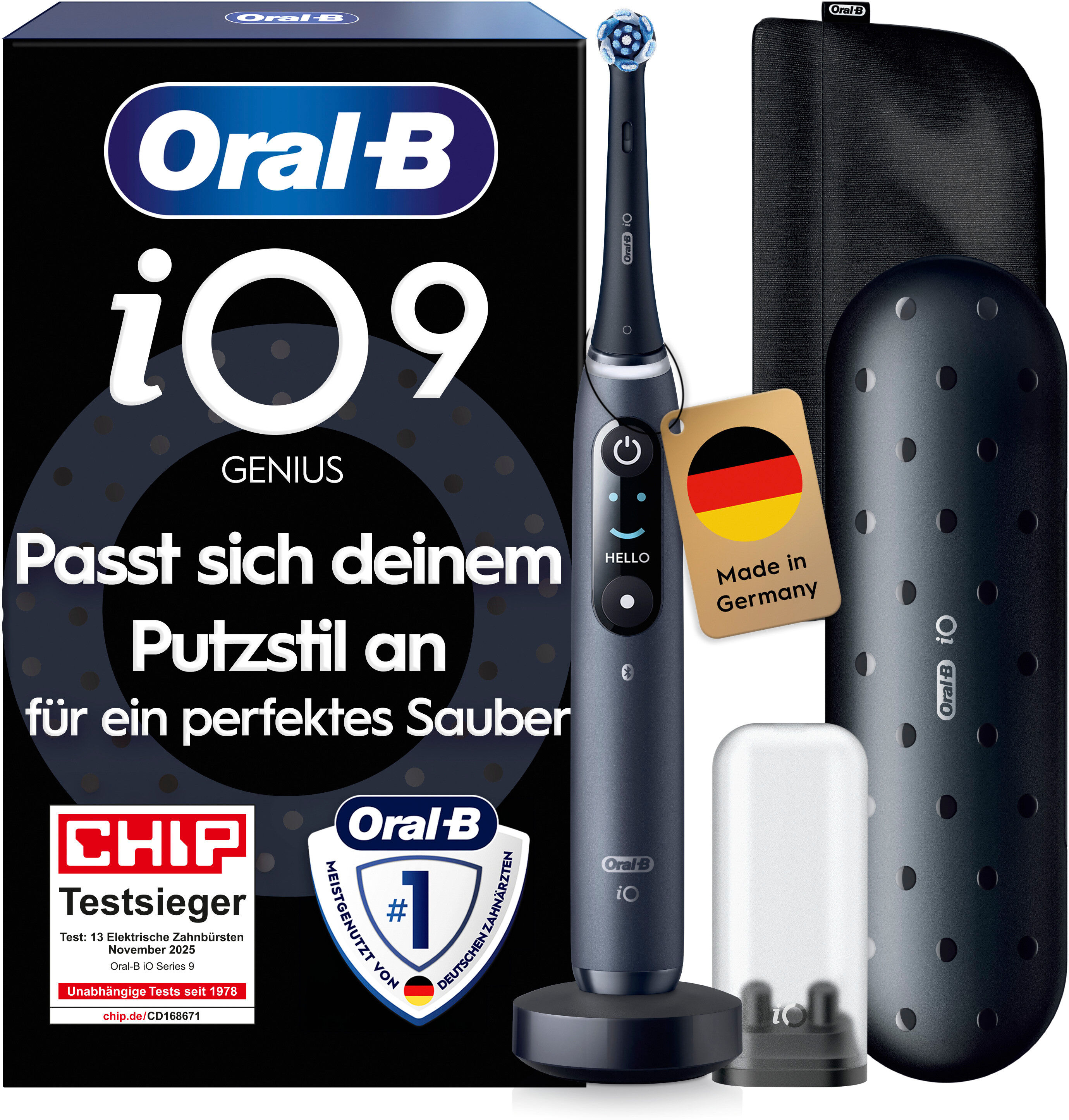 Elektrische Zahnbürste ORAL-B "iO 9 Luxe Edition", schwarz (schwarz onyx), ElektrozahnbürstenB:3cm H:25cm T:3cm, Kunststoff, Elektrische Zahnbürste, mit Magnet-Technologie, 7 Putzmodi, Farbdisplay & Lade-Reiseetui, B:3cm H:25cm T:3cm schwarz onyx Einheits