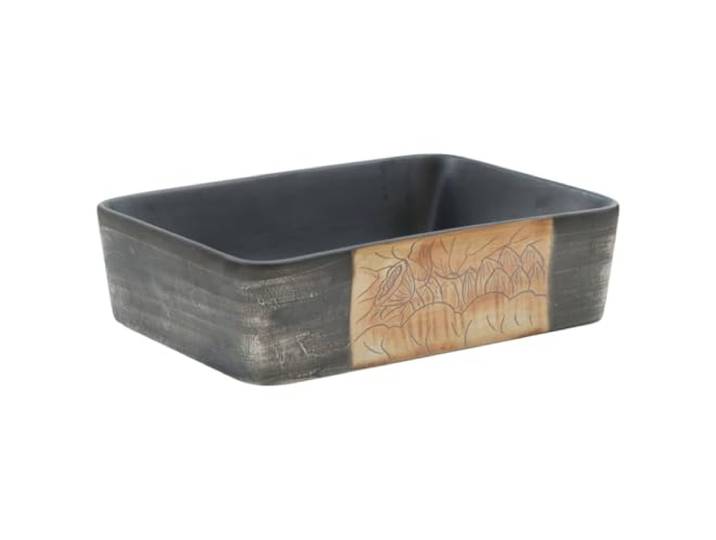 Aufsatzwaschtisch, schwarz und braun, rechteckig, Keramik Waschbecken für Badezimmer, langlebige Keramikspüle, Vintage-Motive, schmutzabweisende Oberfläche, pflegeleicht, Einzelstück
