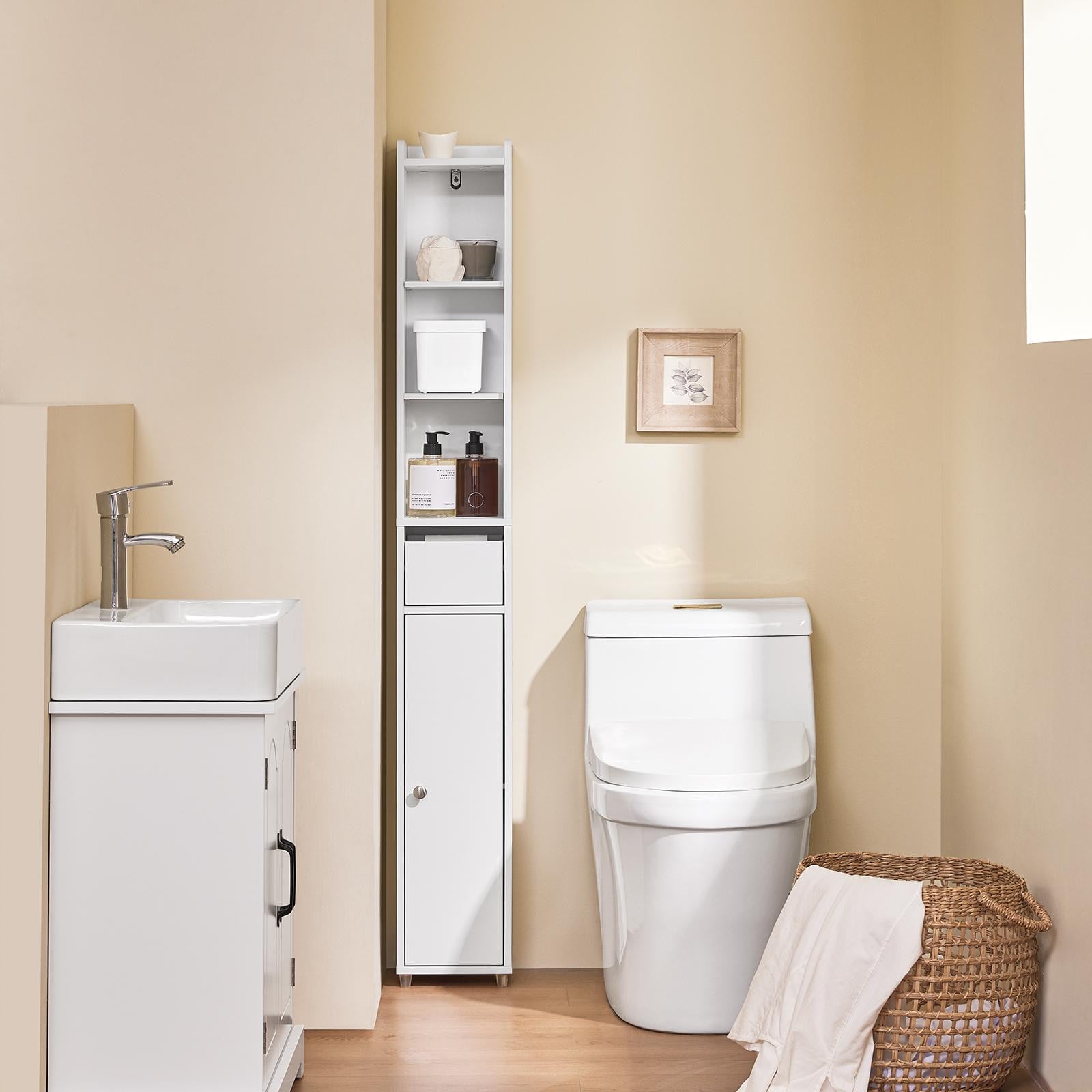 SoBuy Badkamerkast BZR34-K-W met deur en lade, smalle hoge apothekerskast voor kleine ruimtes, wit