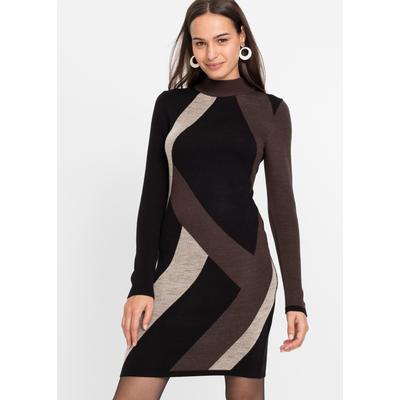 Strickkleid BONPRIX, Damen, Gr. 36/38 (S), N-Gr, schwarz (schwarz, braun graphisch), Obermaterial: 100% Polyacryl, eng, Kleider Strickkleid, aus Polyacryl, eng anliegende Passform, mit Jacquard-Muster