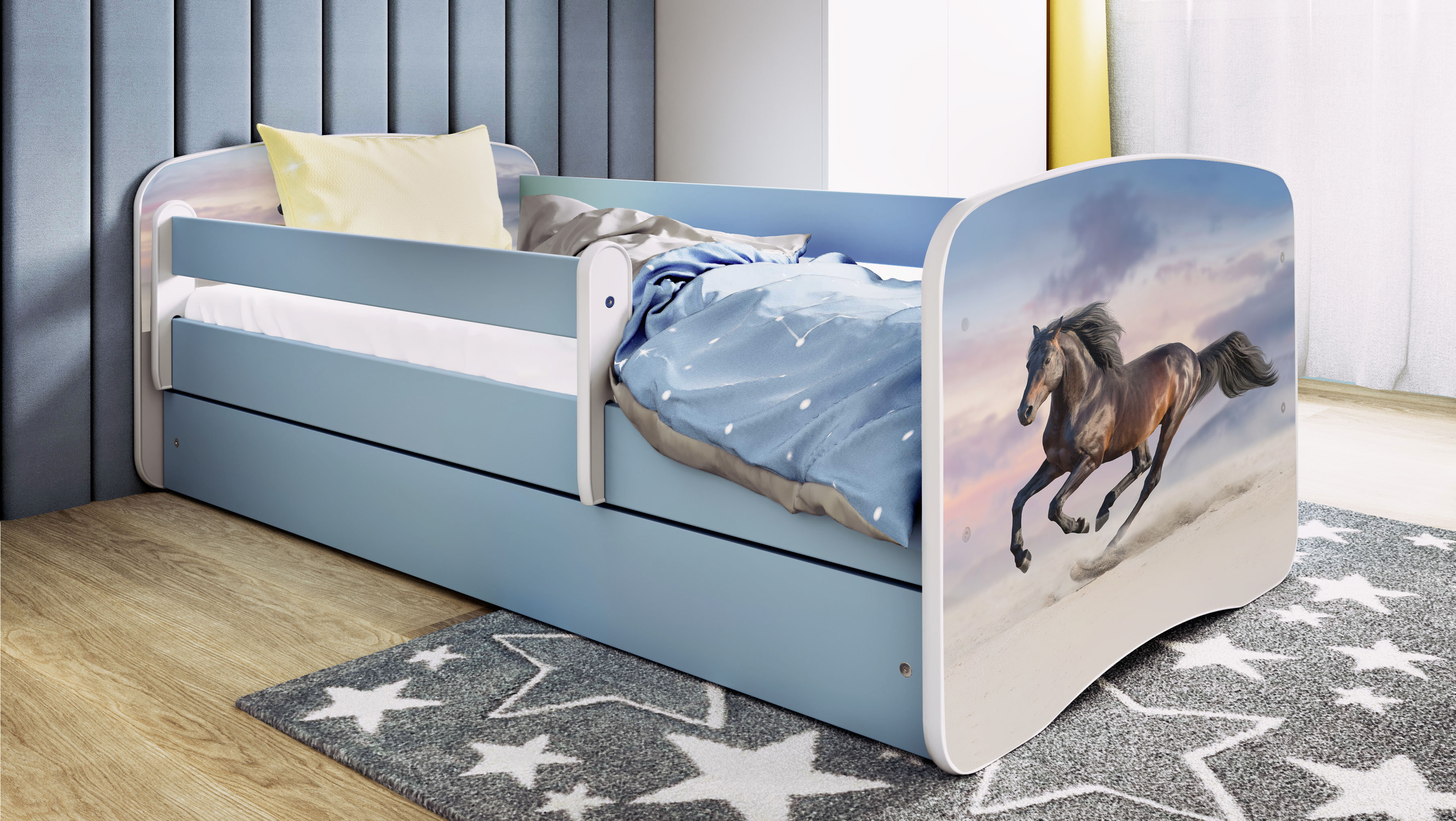 Kinderbett Jugendbett Pferd im Galopp 70x140, 80x160, 80x180 cm - Komplettset mit Schublade & Rausfallschutz
