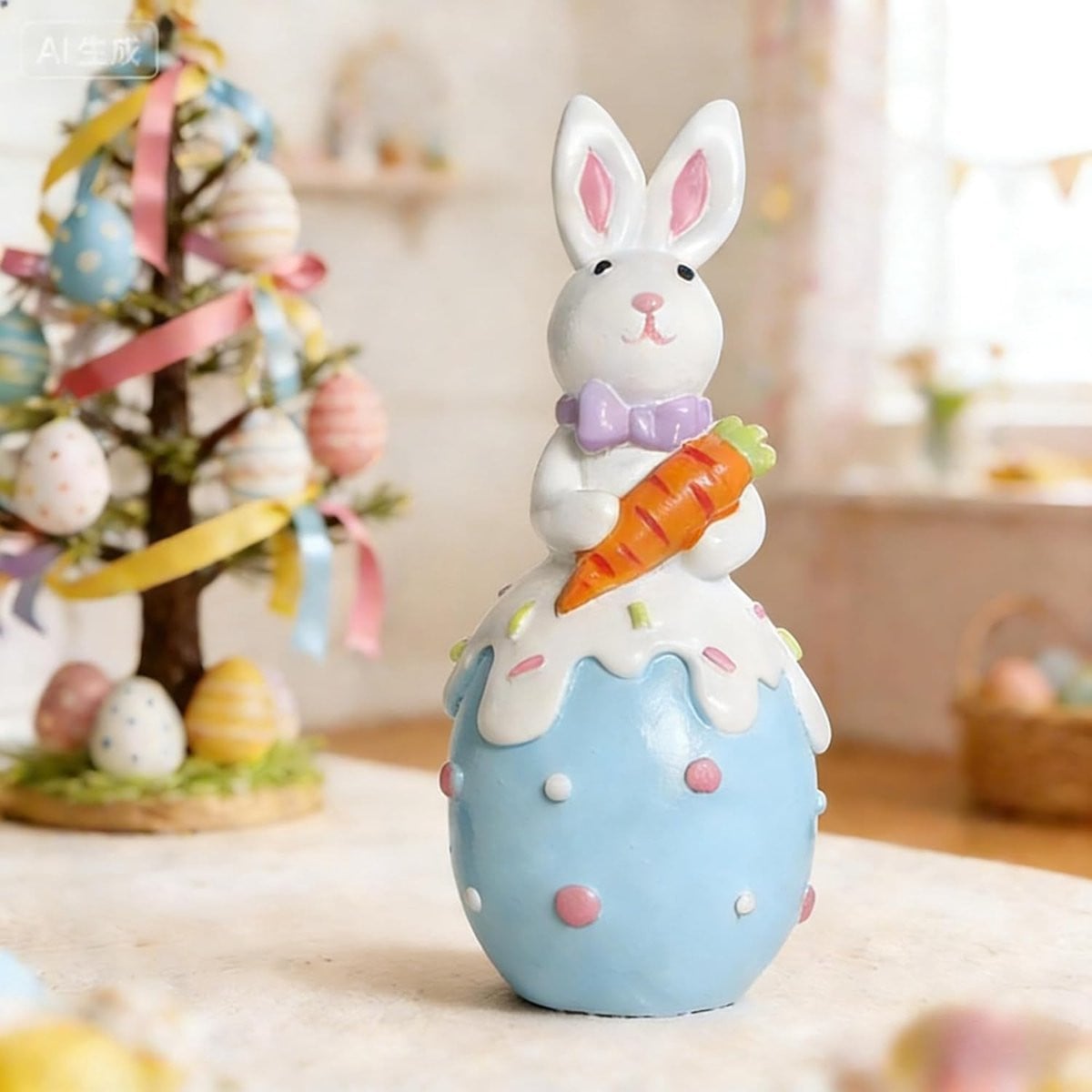 Blauw Konijn Decoratie Beeldje van Hars - Lente Tafeldecoratie met Konijn en Ei Figuur