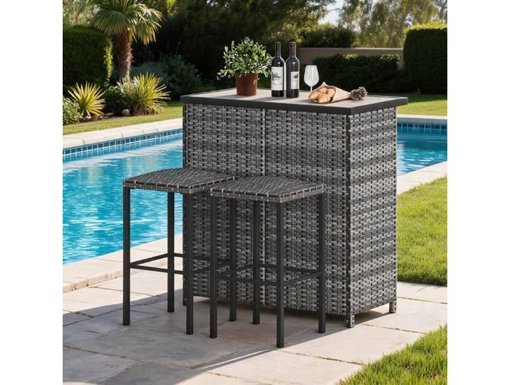Ensemble bar de jardin 3 pièces compact – Table bistro extérieur avec plateau DPC – 2 tabourets résistants – Gris moderne