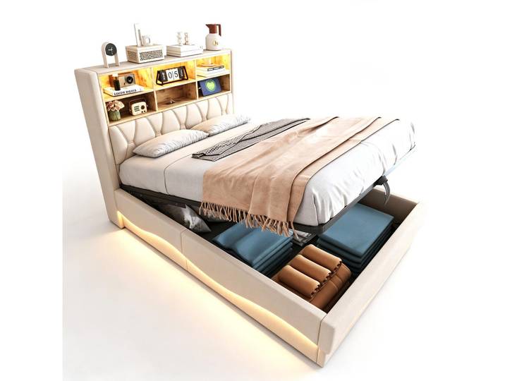 Modfu Polsterbett aus Leinen, Metall und Holzwerkstoffen 140x200 cm Beige mit LED-Beleuchtung, USB und Stauraum, 140x200 cm, Schlafzimmer, Betten, Polsterbetten