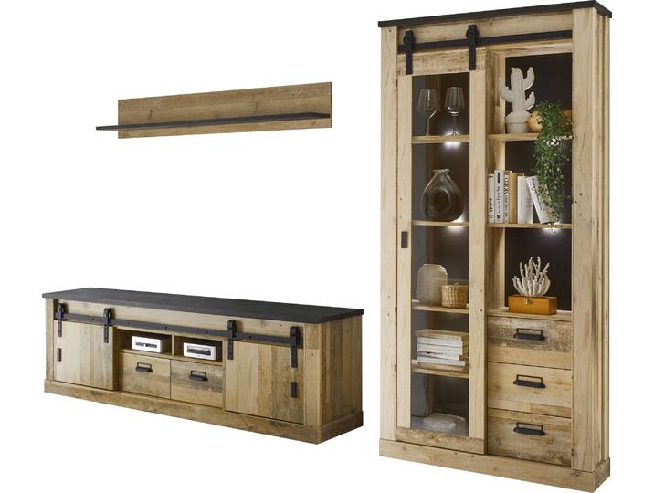 Wohnwand HOME AFFAIRE Sherwood, Anbauwand im Industrial-Style, Komplettset, Wohnzimmer-Set , braun (old style hell dekor), B:314cm H:201cm T:43cm, Kastenmöbel-Sets, Wohnwand, enthält Vitrine, Lowboard, Kommode & Wandboard