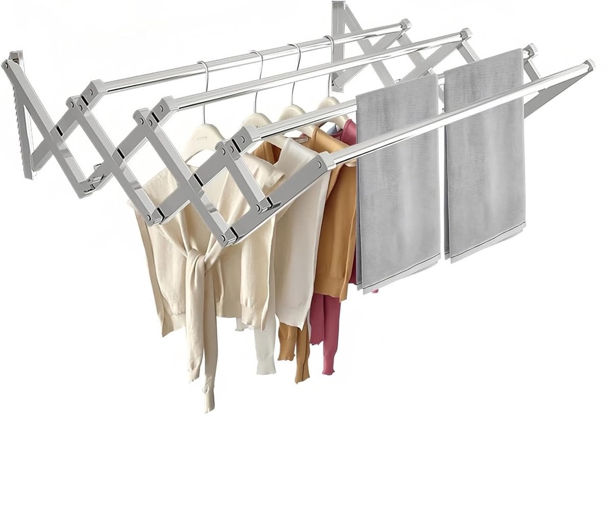 Inklapbaar en uitschuifbaar RVS wandrek voor kleding in zilverkleur