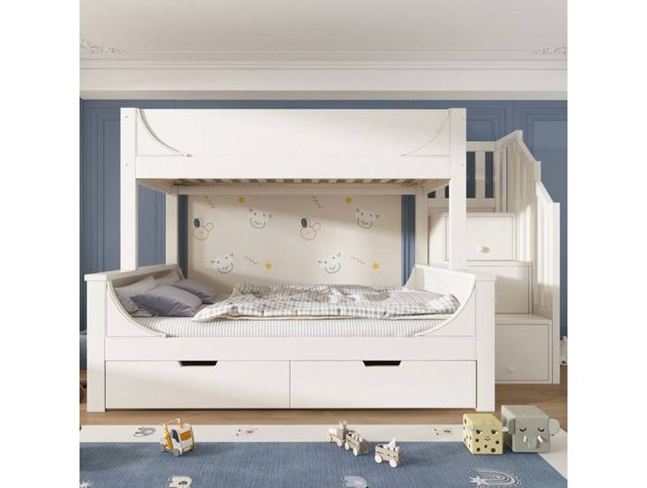 Bladez - Lit superposé enfant 90x200cm + 140x200cm - Lit étudiant avec échelle et armoire - Lit coffre avec barrières de sécurité