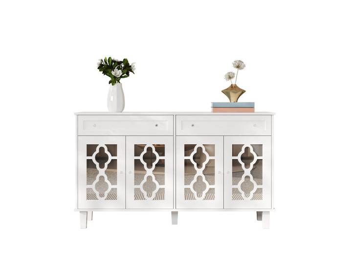 Flieks Sideboard Spiegeltüren Schubladen Kristallgriffe modern, Weiß, 40x83x140 cm, Kleinmöbel, Kommoden, Sideboards