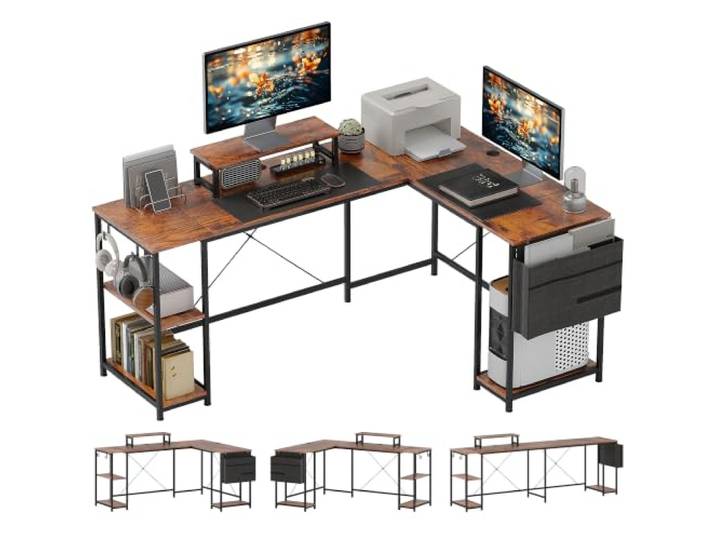 HOMCOM Bureau d'angle Réversible 168-240 cm Support d'Écran Brun Rustique Bureau d'Ordinateur\, Étagère Réglable\, Crochets\, Sac de Rangement\, Table Informatique\, pour Chambre ou Coin Travail