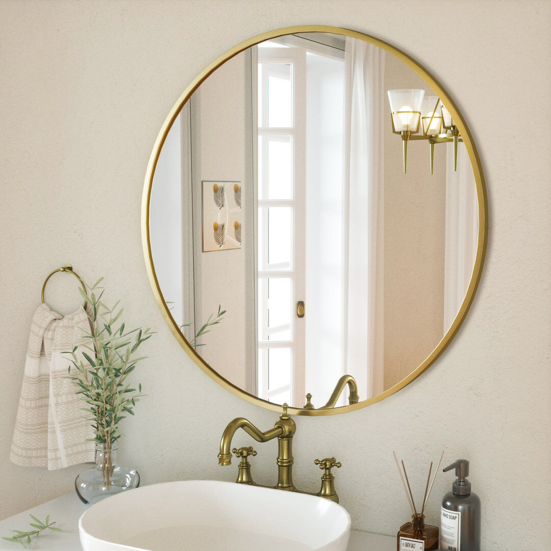 Willa Arlo Interiors Baum Nordic Round Bathroom Framed Mirror Wall Hanging Gold 70cm H x 70cm W x 2.8cm D