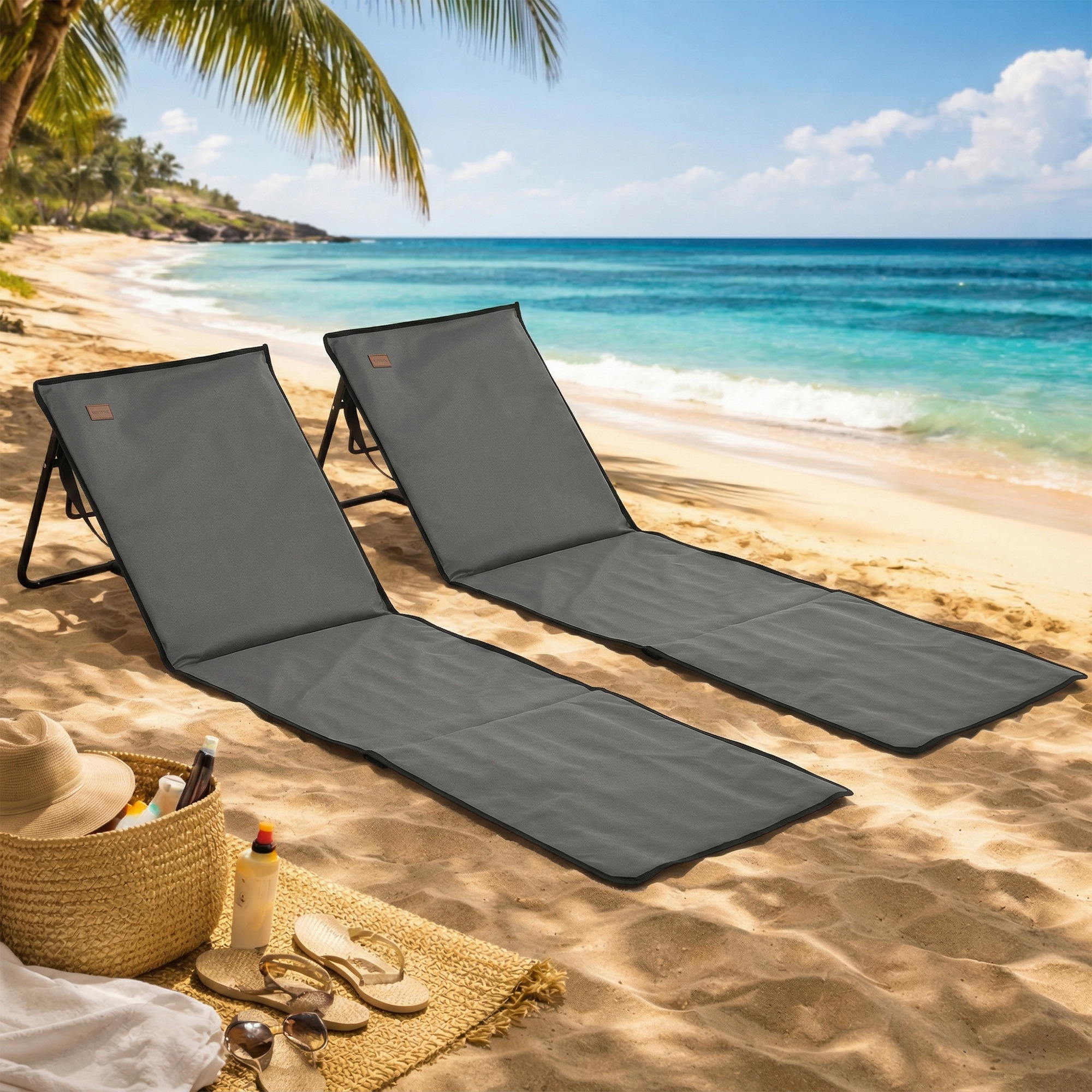 Outsunny Set 2 Sdraio da Spiaggia Pieghevoli e Regolabili con Tasca, in Acciaio e Poliestere, 142x51x40 cm, Grigio   Aosom Italy