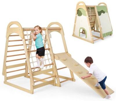 Costway 6-in-1 Wooden Kids Jungle Gym Playset with Slide Climbing Net-Natural