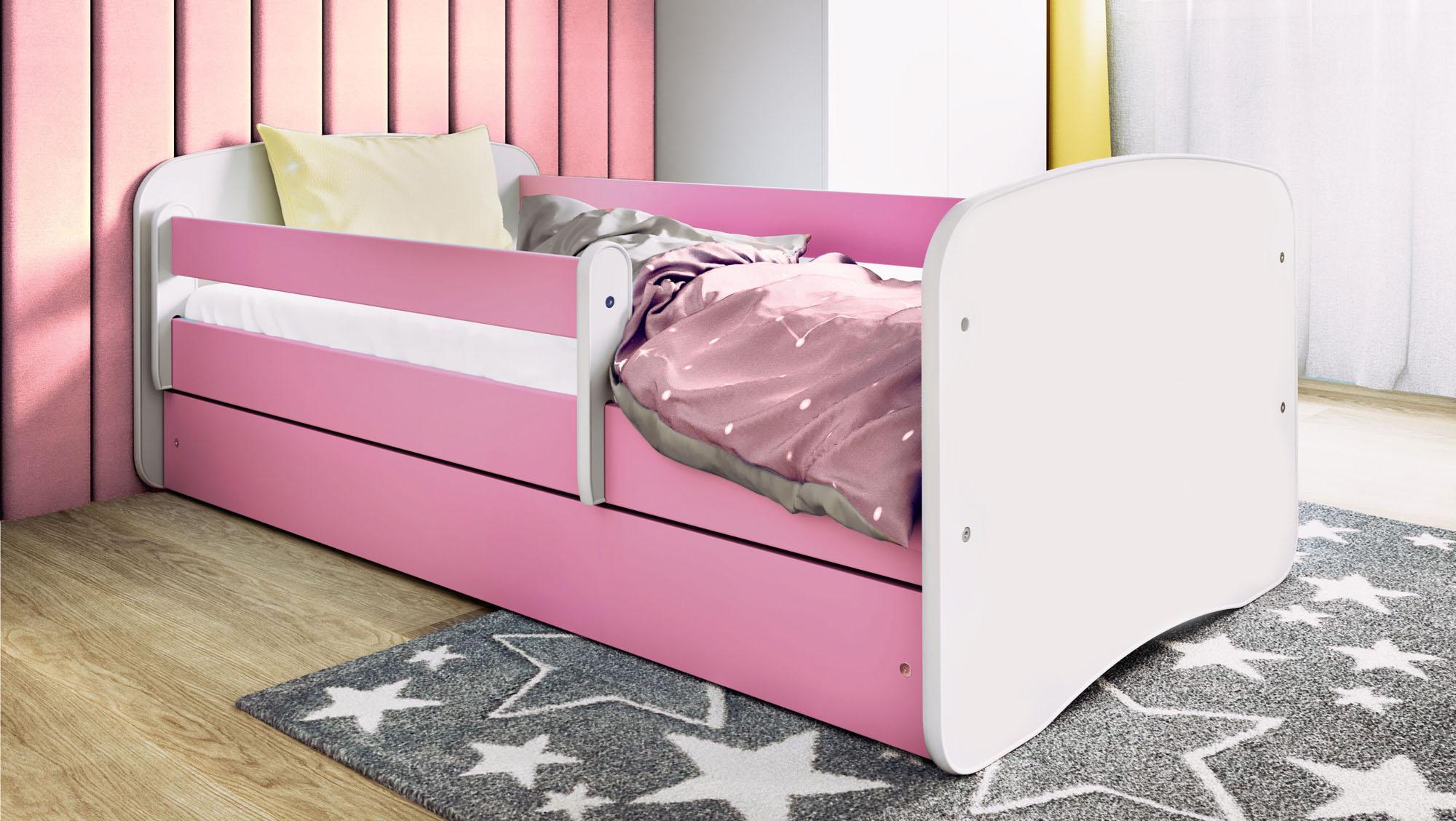 Kinderbett Rosa 70x140 80x160 80x180 cm - mit Matratze, Rausfallschutz und Schublade - Jugendbett für Mädchen - Stabil und Sicher - Rosa - 180x80 cm