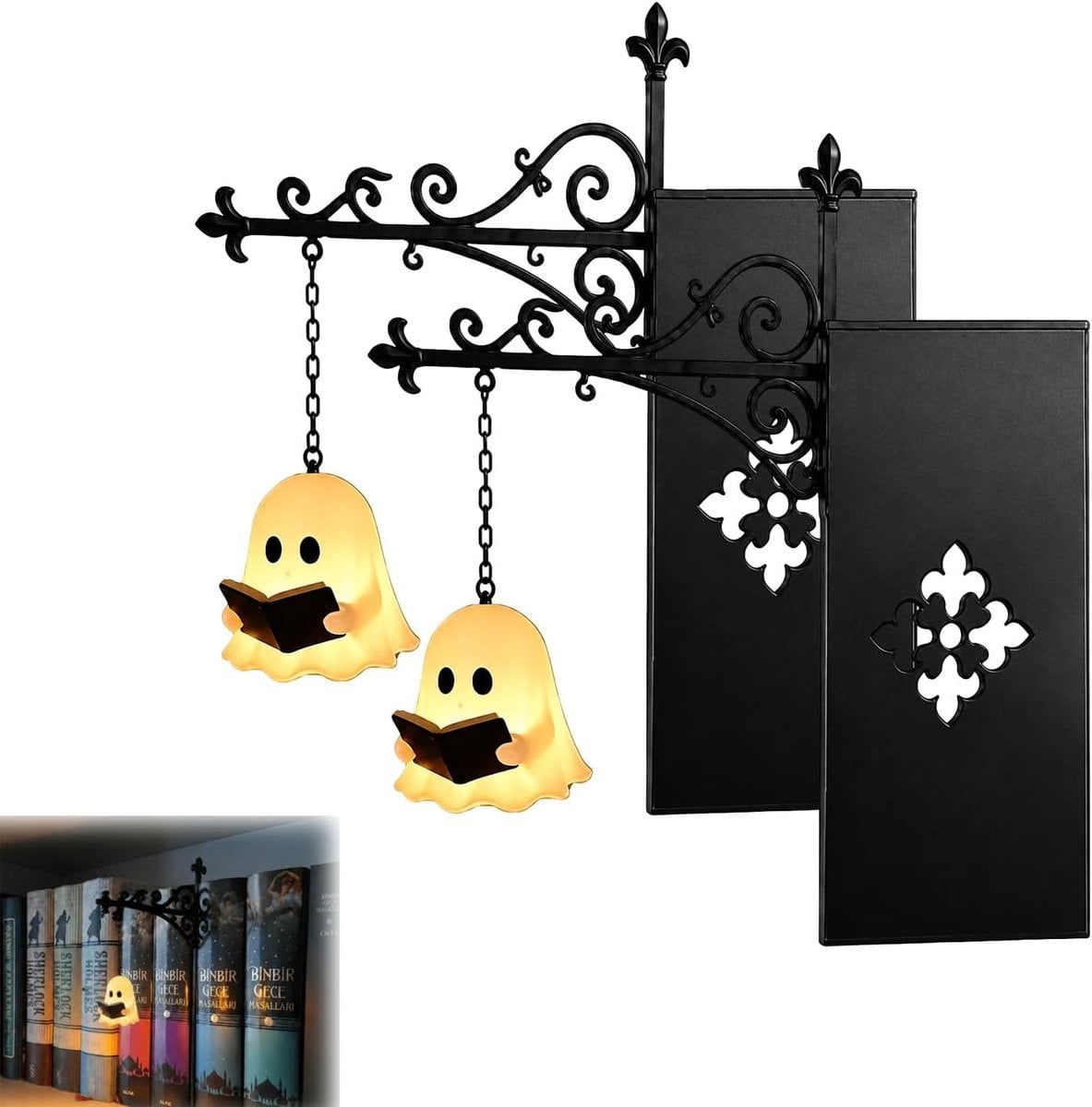 Set van 2 zwarte metalen boeksteunen met vintage LED-bibliotheeklantaarn