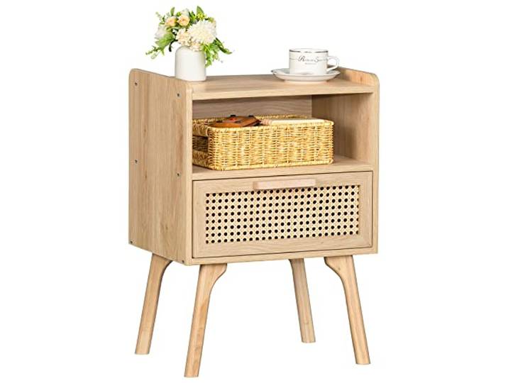 Lerliuo Rattan Nachttisch Boho Beistelltisch mit Schublade Offenes Regal Cane Accent Nachttisch mit Massivholzbeinen für Schlafzimmer, Wohnheim und kleine Räume (Natur)