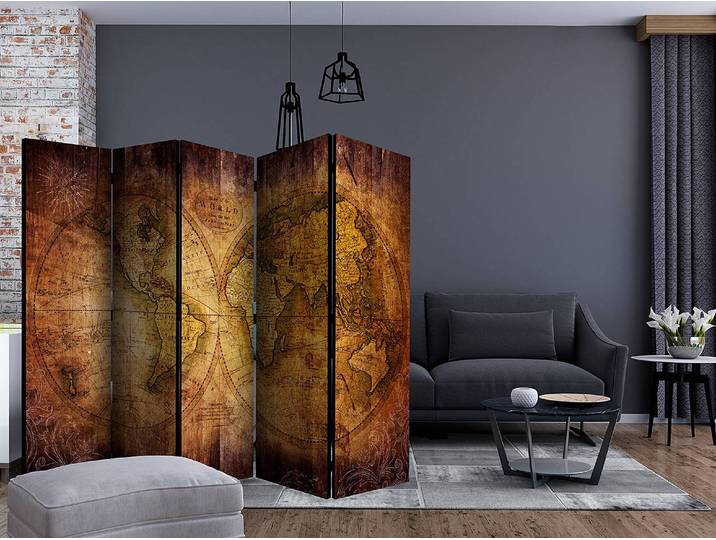 Paravent World Map Old acoustique Intissé sur bois massif Marron 225 x 172 x 3cm