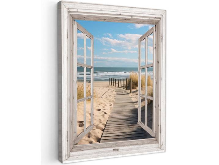 MuchoWow Leinwandbild - Fenster - Meer - Küste - Natur - Ausblick - Strand - Wattenmeer - 60x80 - Gemälde, Beige, Textil, Kiefer, Abstrakt, Rechteckig, 60x80 cm, gerahmt, Bilder & Rahmen, Bilder, Wandbilder