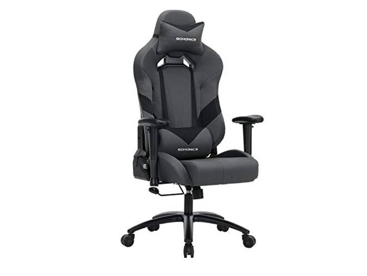 SONGMICS Gaming Stuhl, ergonomisch, mit verstellbaren Armlehnen, Kopfkissen Bürostuhl, Schreibtischstuhl, Chefsessel, Lendenkissen, grau-schwarz, CATHY Kollektion RCG13GV2