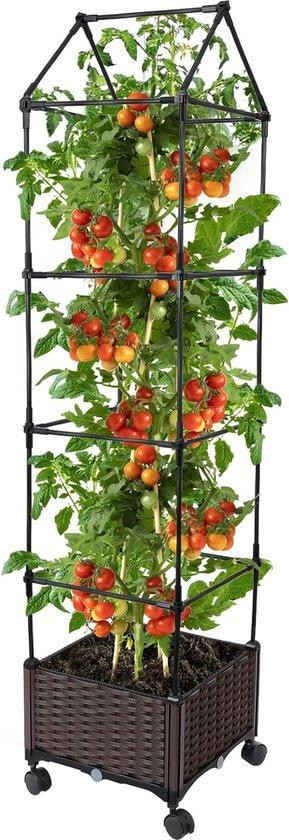 Verhoogd bloembed met houten trellis en wielen voor klimplanten, zwart, geschikt voor binnen en buiten