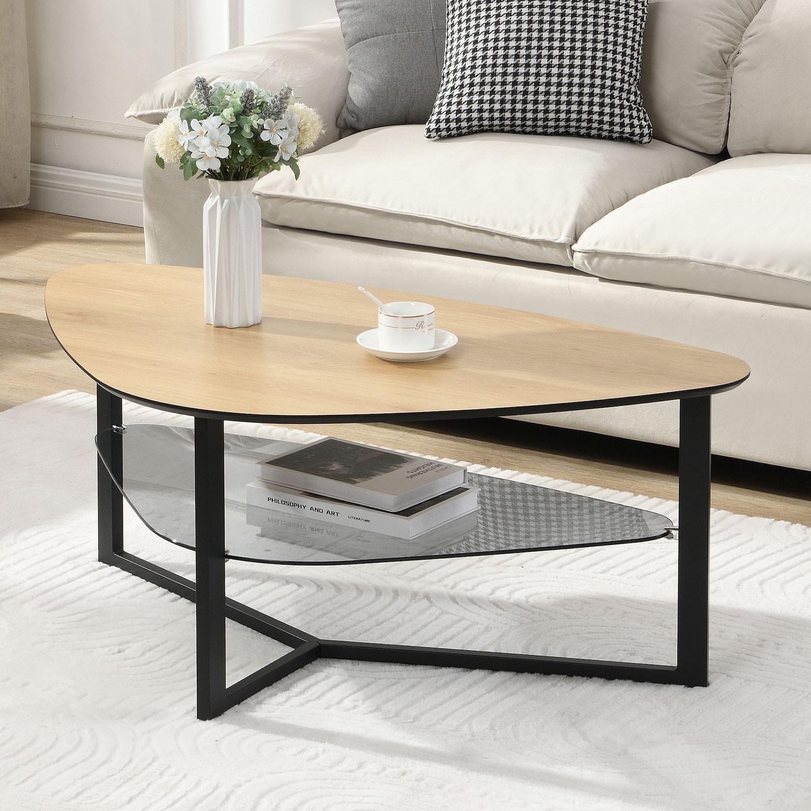 Wohnzimmertisch FineBuy Couchtisch Nierenförmig Eiche Optik Glas Ablage 110 cm