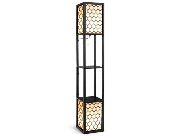 Moderne Plank Staande Vloerlamp Vrijstaande Dubbele Lamp met Twee Lagen Houten Plank & Witte Lampenkap