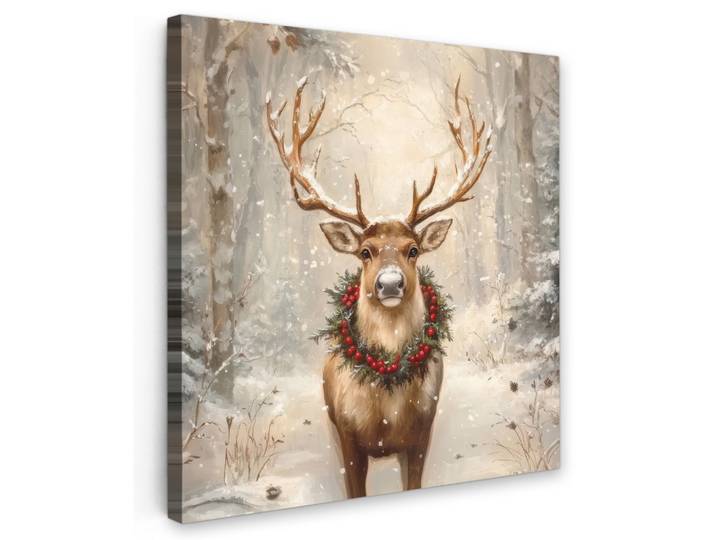 LEINWANDBILD Weihnachten - Rentier - Winter - Kranz Deko Groß 90x90 cm