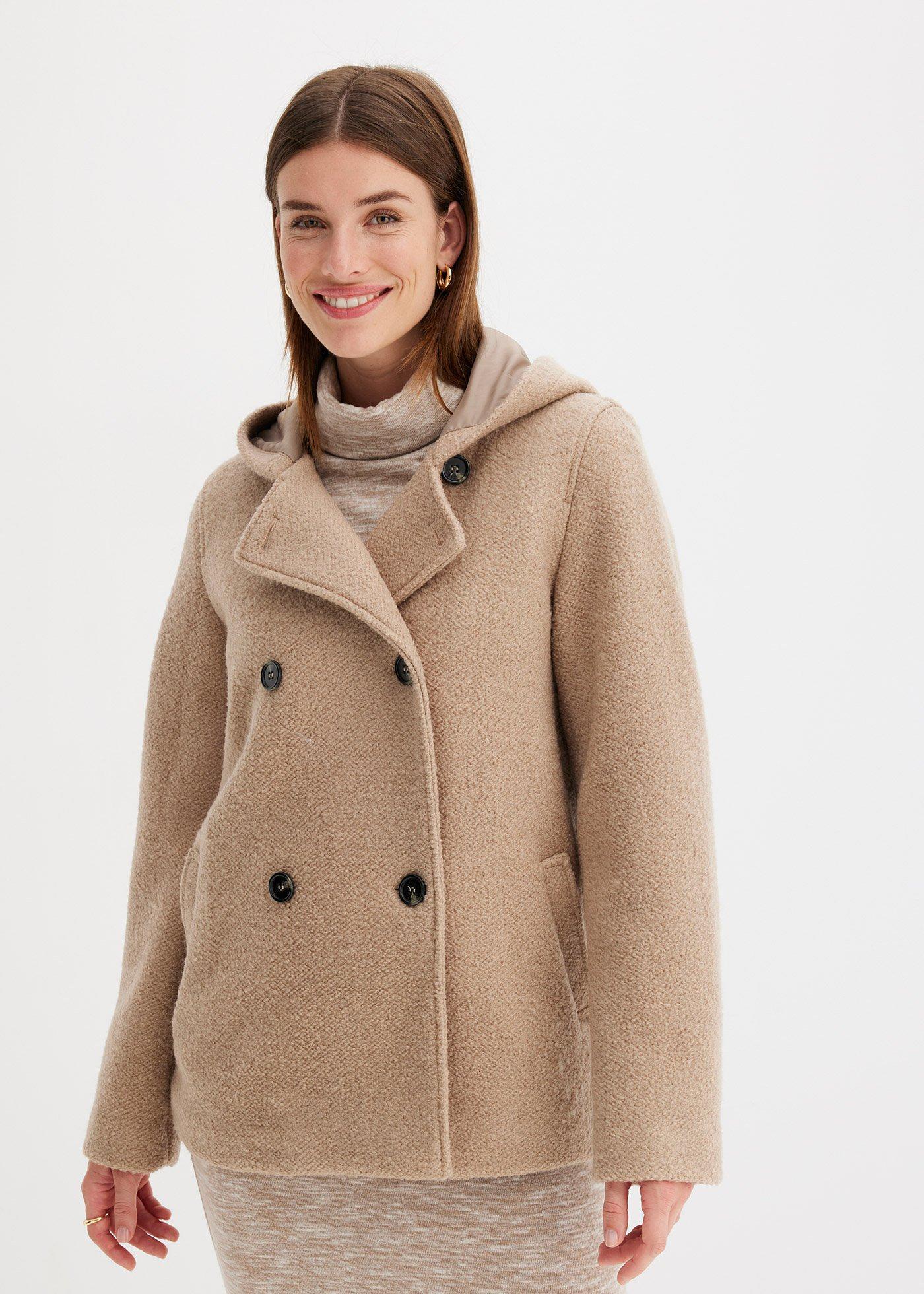 bonprix Cabanjacke aus kuscheligem Bouclé, beige, Gr.44, Schöne Cabanjacke mi Kapuze kaschiert Problemzonen