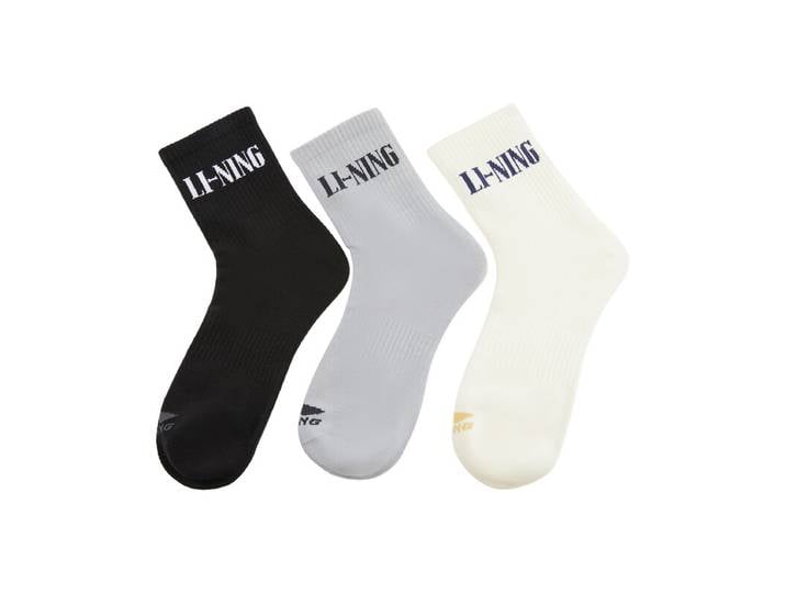 LI-NING Chaussettes mi-hautes (lot de 3) Noir nouveau/Blanc nouveau/Gris L